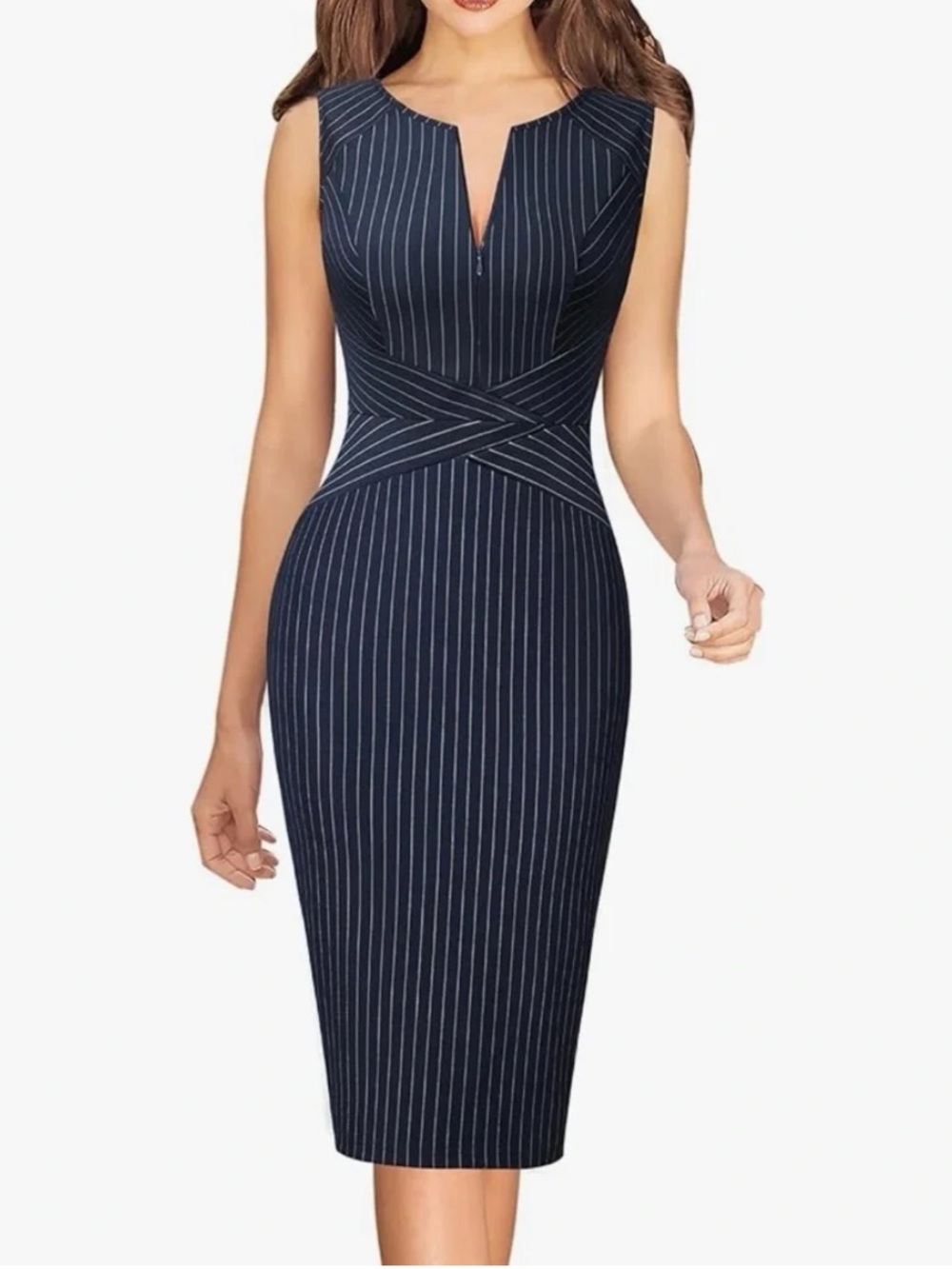 NWOT VFShow Navy Blue Pinstripe Criss-Cross Waist Sheath Dress XS